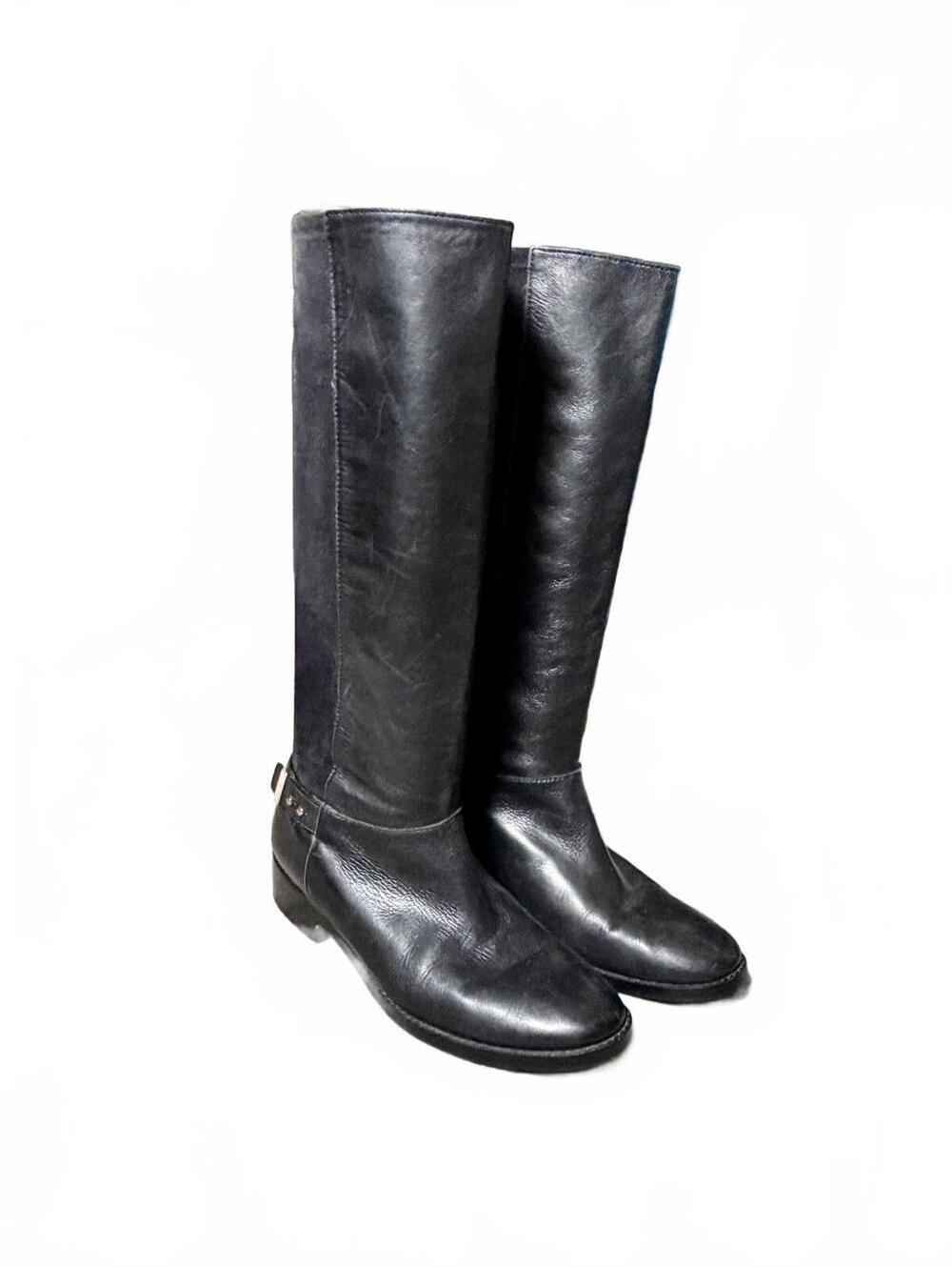 Cole Haan Black Knee High Boot Leather Suede Equestrian Tall Gold Buckle 9.5